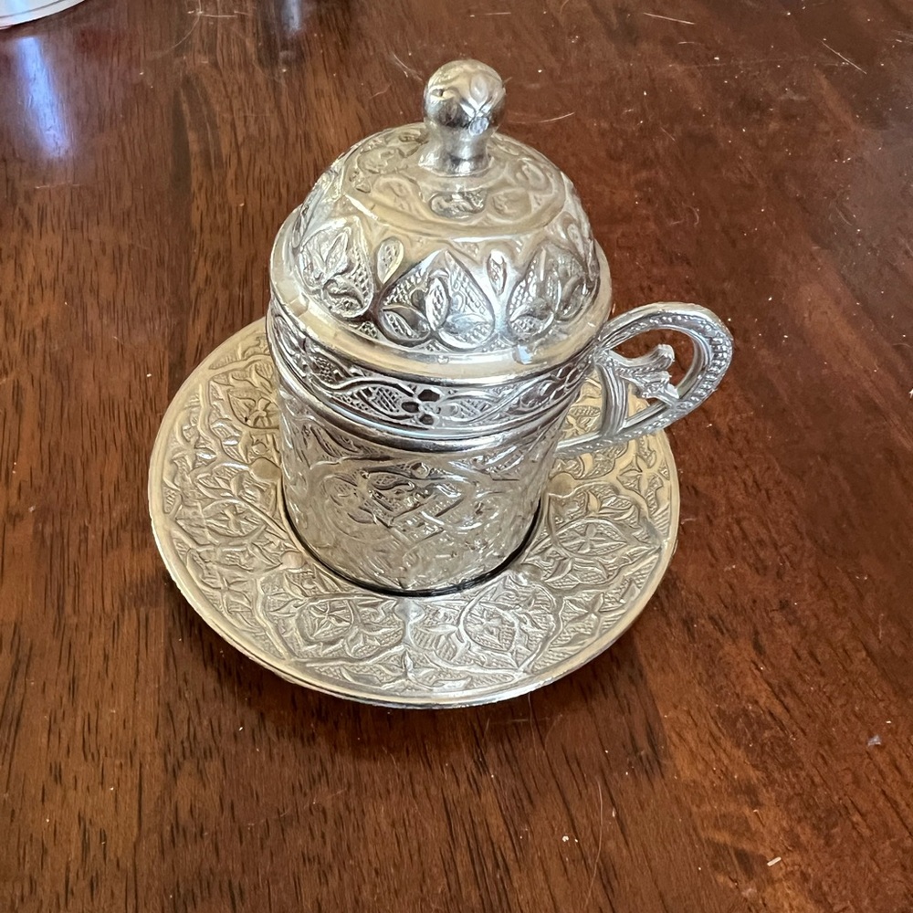 Ornate Silver-Tone Turkish Coffee Cup with Saucer and Lid